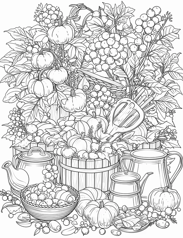 Autumn Harvest coloring page with detailed line art for adults