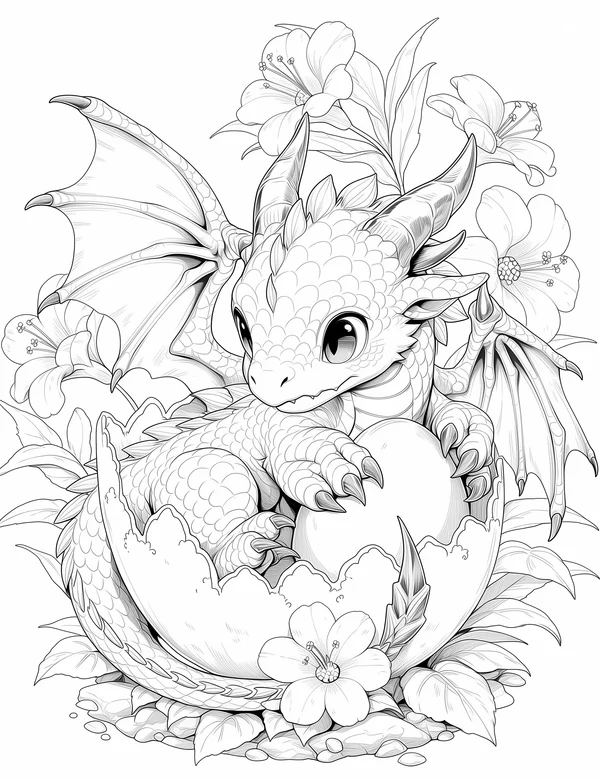 Baby Dragon Hatching coloring page with detailed line art for adults