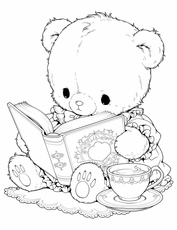 Bear Reading Book coloring page with detailed line art for adults