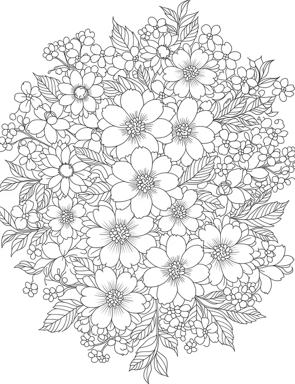 Blooming floral mandala coloring page with layered petals, leaves, and tiny blossoms