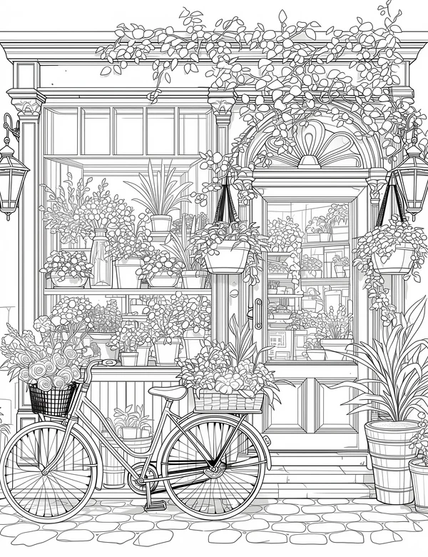 Blooming flower shop coloring page with bicycle, hanging plants, and storefront