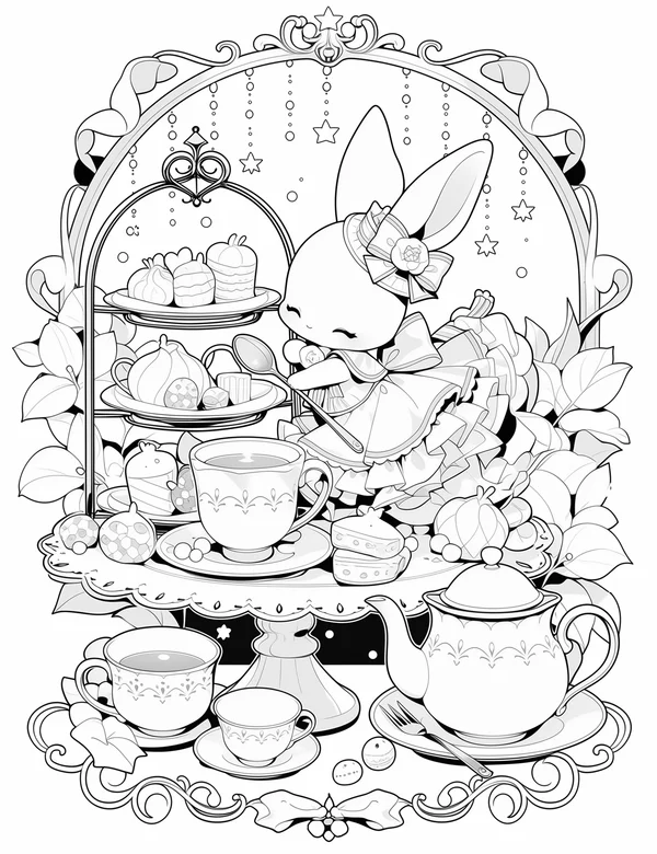 Bunny Tea Party coloring page with detailed line art for adults