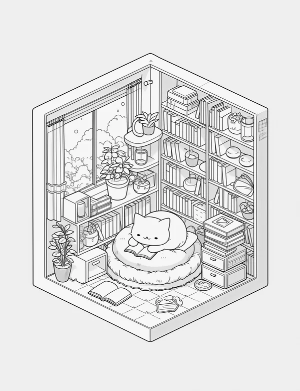 Cat In Cozy Reading Nook coloring page with detailed line art for adults