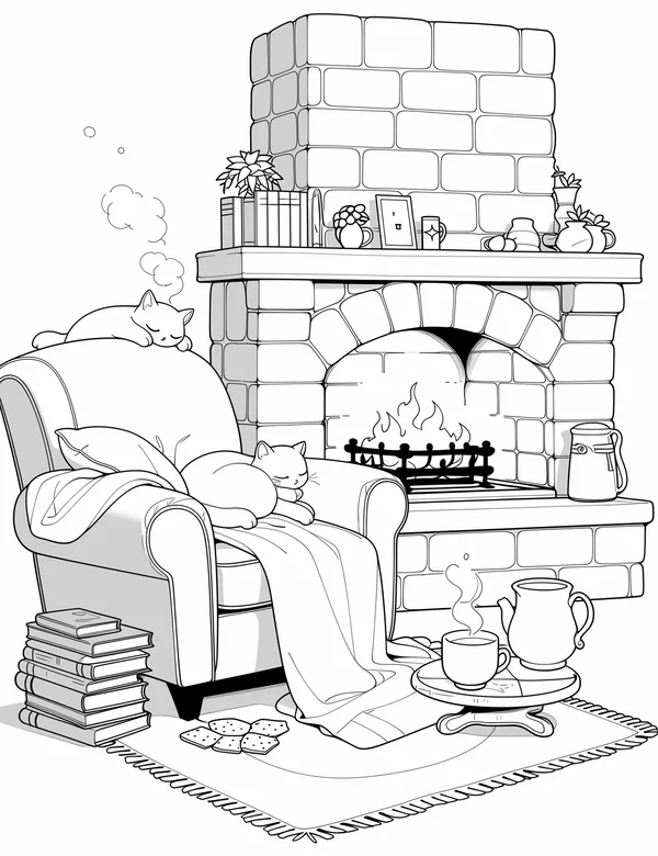 Cat Sleeping By Fireplace coloring page with detailed line art for adults