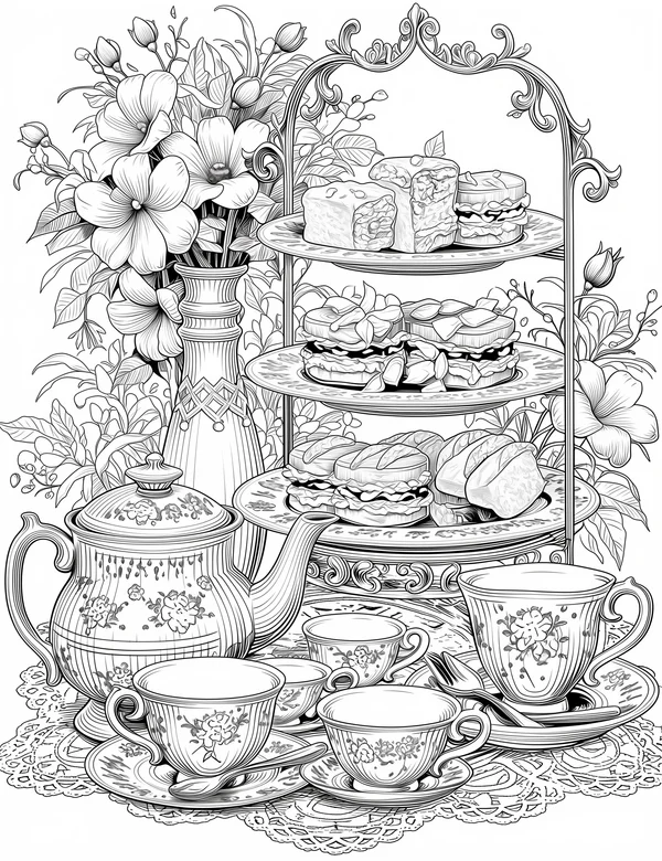 Charming afternoon tea coloring page with teapot, cups, sandwiches, and flowers