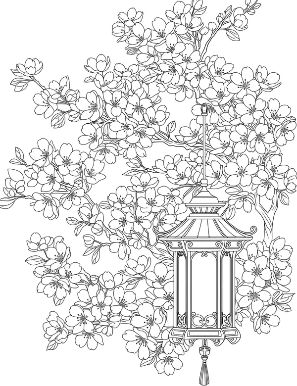 Cherry Blossoms coloring page with detailed line art for adults