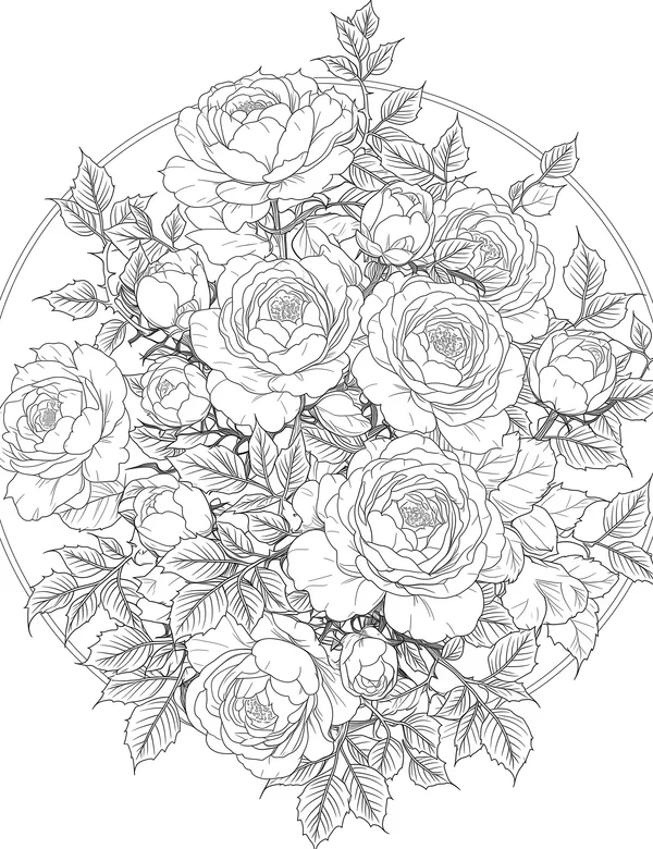 Circular rose bouquet coloring page with open blooms, buds, and fine leafy details