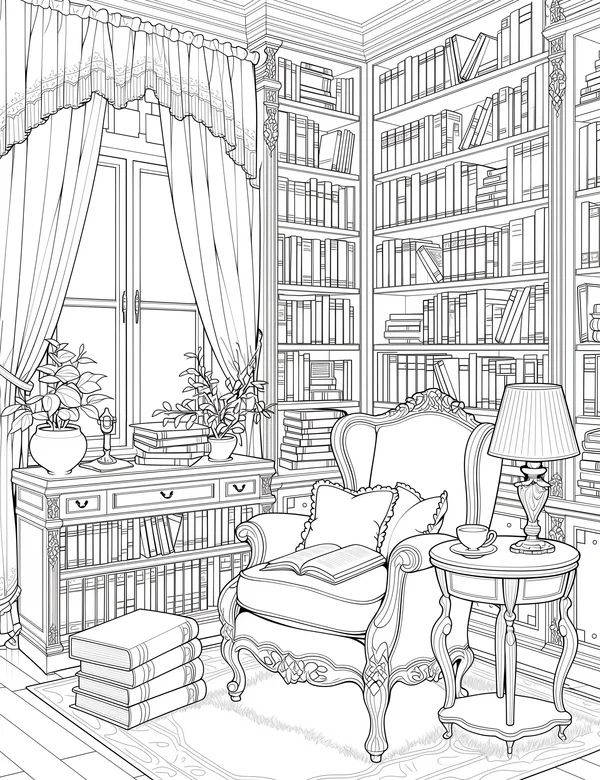 Classic reading nook coloring page with armchair, bookshelves, lamp, and curtains