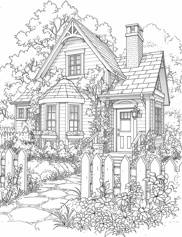 Cozy cottage coloring page with picket fence, garden path, and flowers