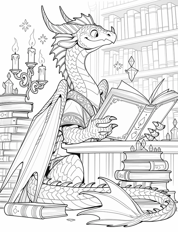 Dragon In Magical Library coloring page with detailed line art for adults