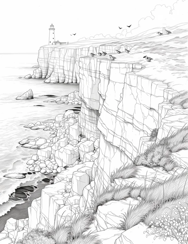 Rugged sea cliffs with lighthouse, birds, and rocky shoreline below
