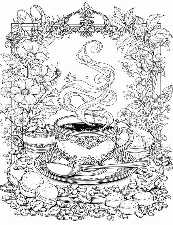 Elegant coffee cup coloring page with steam, flowers, pastries, and beans