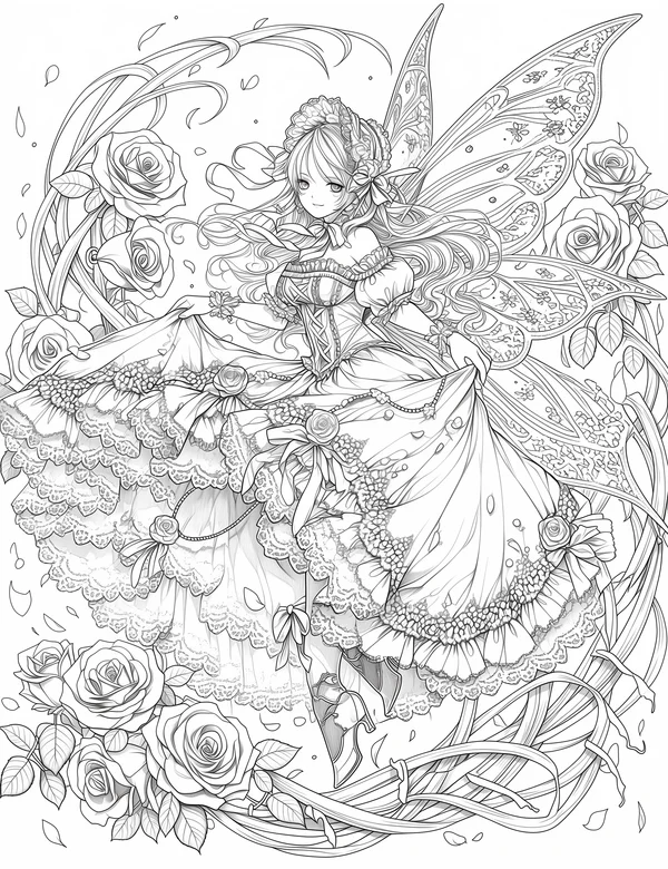 Elegant lace fairy with floral crown and ornate butterfly wings