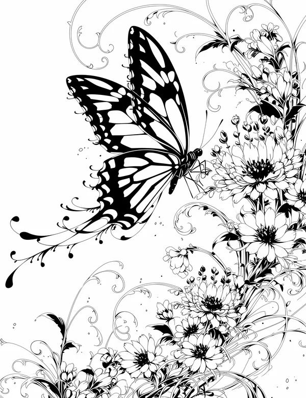 Monarch butterfly flying beside blooming wildflowers and curling vines