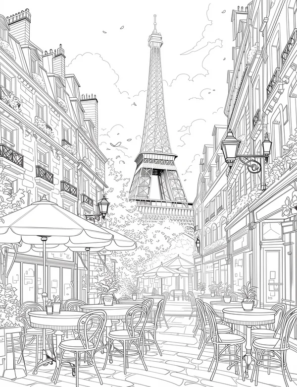 Elegant Paris street coloring page with Eiffel Tower, cafes, and city buildings