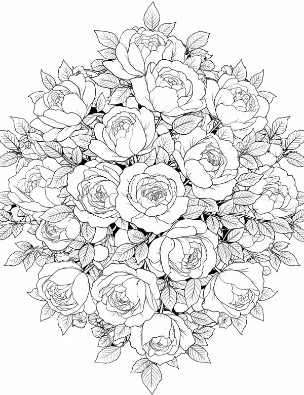 Rose mandala coloring page made of layered blooms and dense botanical leaves throughout