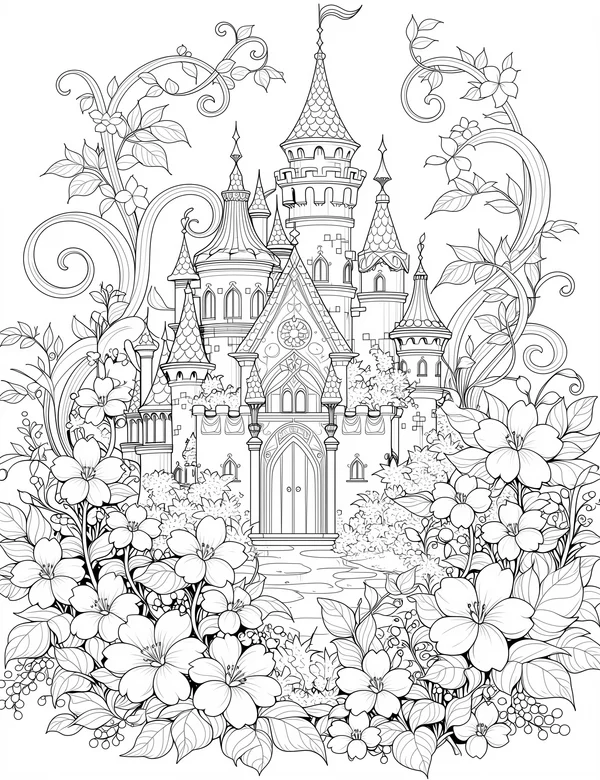 Enchanted Castle Garden coloring page with detailed line art for adults