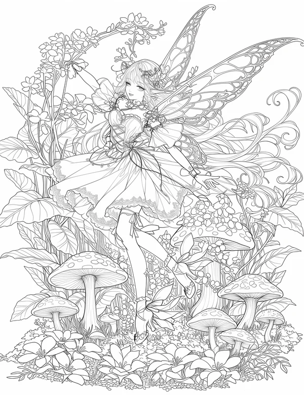 Forest fairy seated among mushrooms, flowers, and elegant butterfly wings