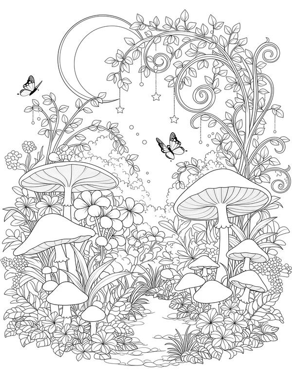 Fairy Garden At Night coloring page with detailed line art for adults