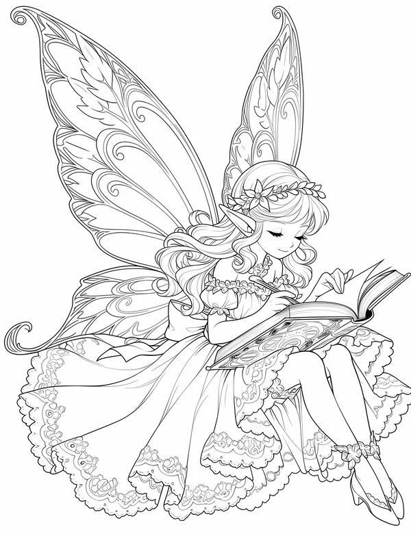 Fairy Reading Spellbook coloring page with detailed line art for adults