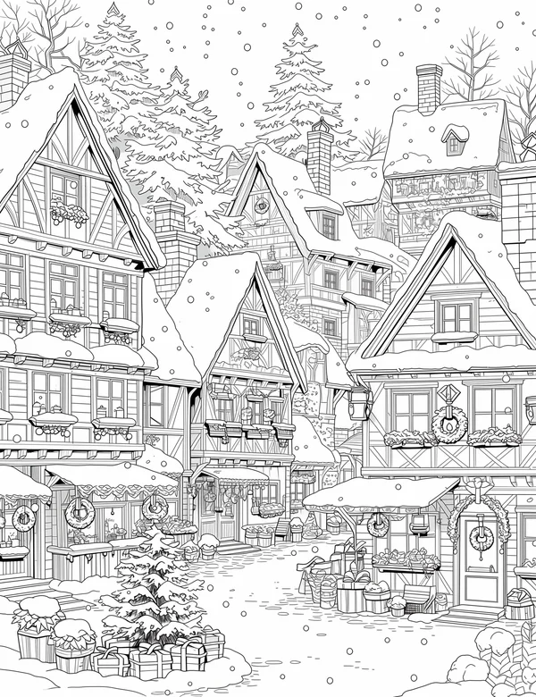 Festive Christmas village coloring page with snowy houses, wreaths, and falling snow