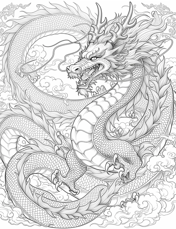 Fierce eastern dragon coiling through clouds with antlers and whiskers