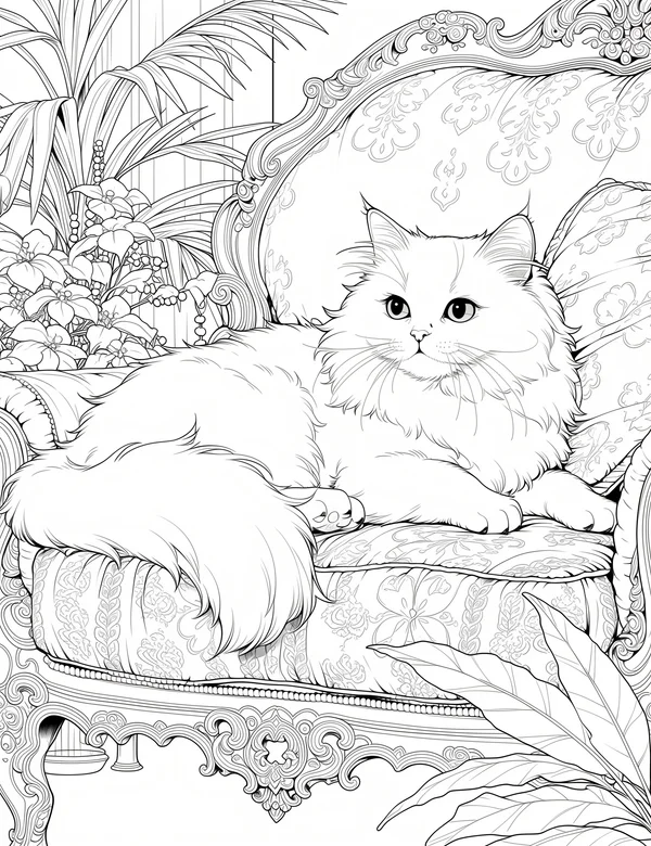 Fluffy Persian cat lounging on ornate chair beside indoor plants