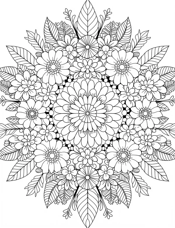 Geometric Nature Mandala coloring page with detailed line art for adults