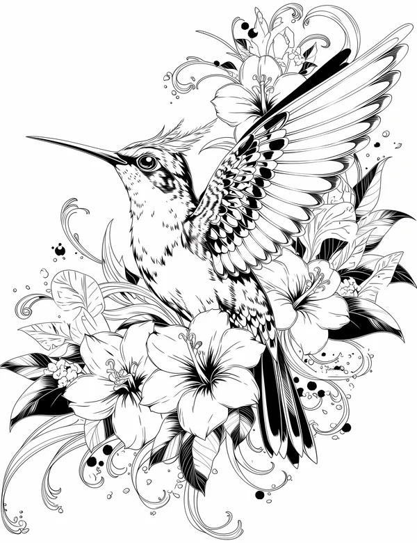 Detailed hummingbird hovering among tropical flowers with layered feathers