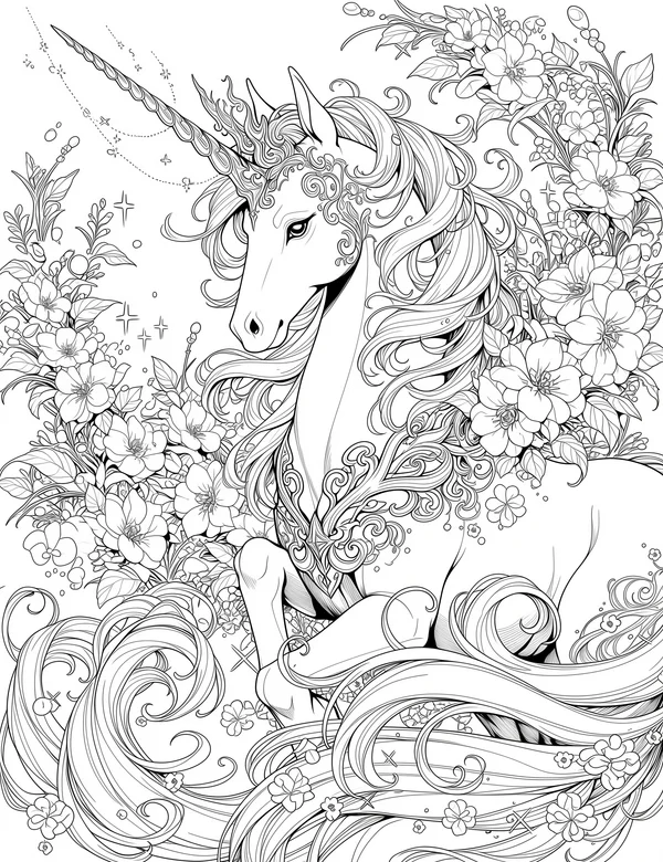 Graceful unicorn portrait with flowing mane and blooming floral frame