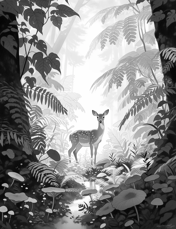 Grayscale Forest Deer coloring page with detailed line art for adults