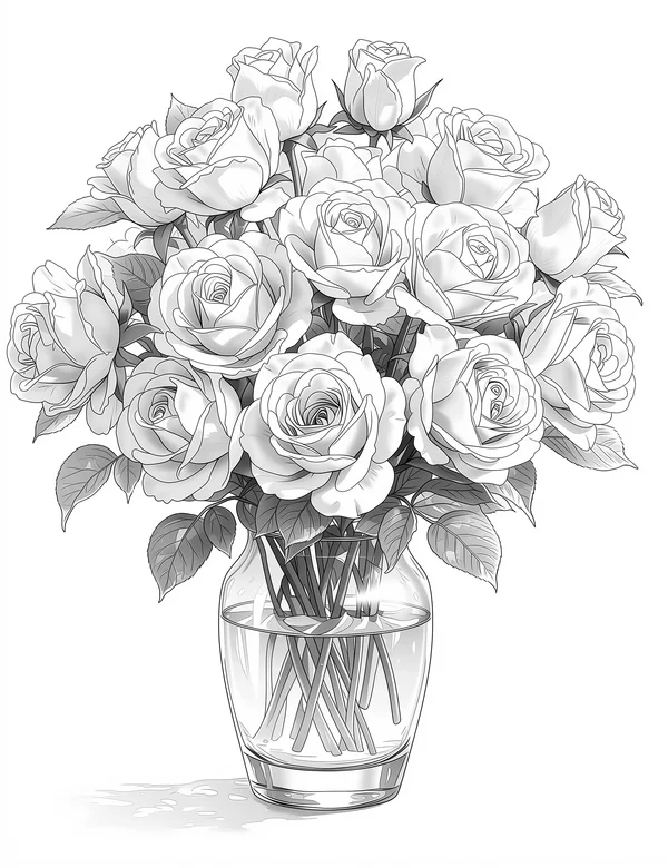 Grayscale Rose Bouquet coloring page with detailed line art for adults