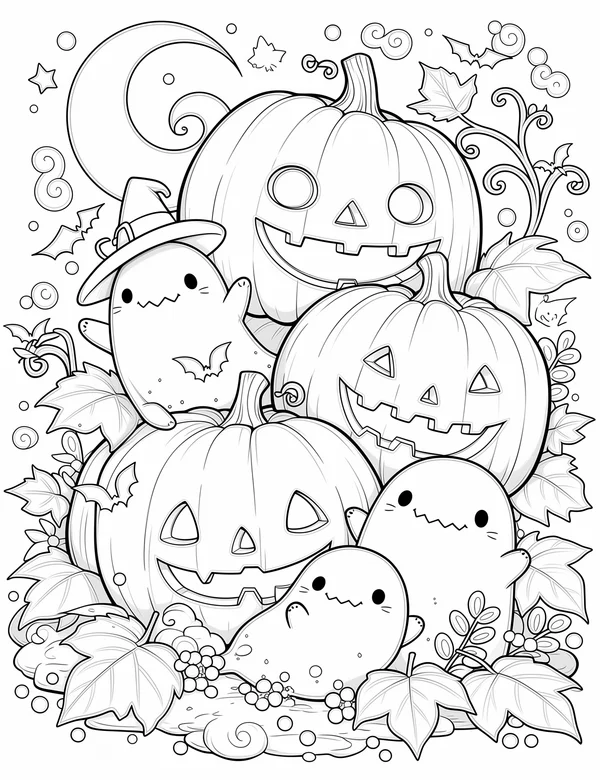 Halloween Night coloring page with detailed line art for adults