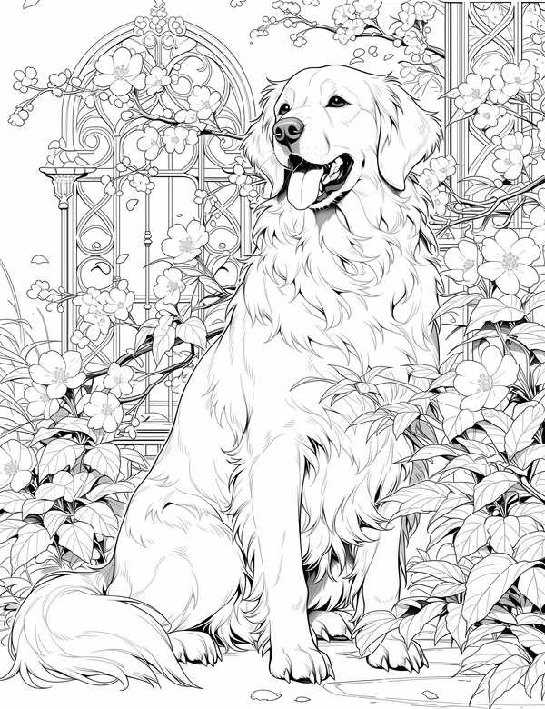 Happy Golden Retriever sitting beside blooming branches and garden gate