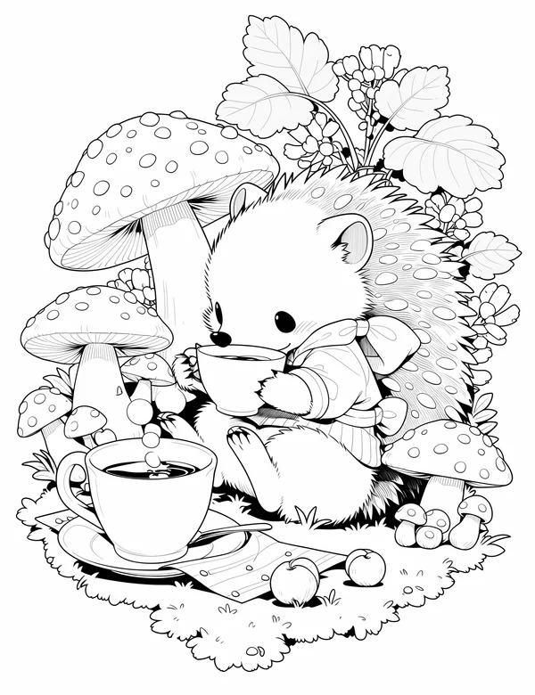 Hedgehog Tea Party coloring page with detailed line art for adults