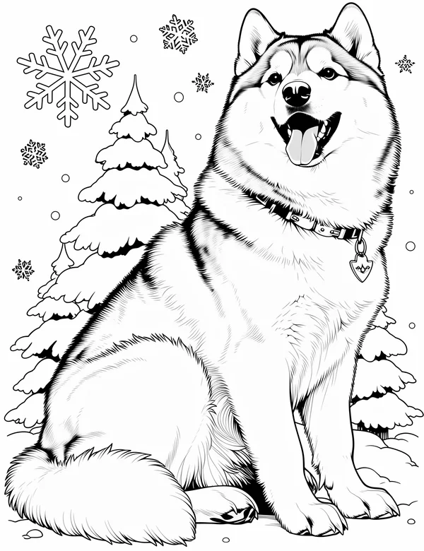 Husky coloring page with detailed line art for adults