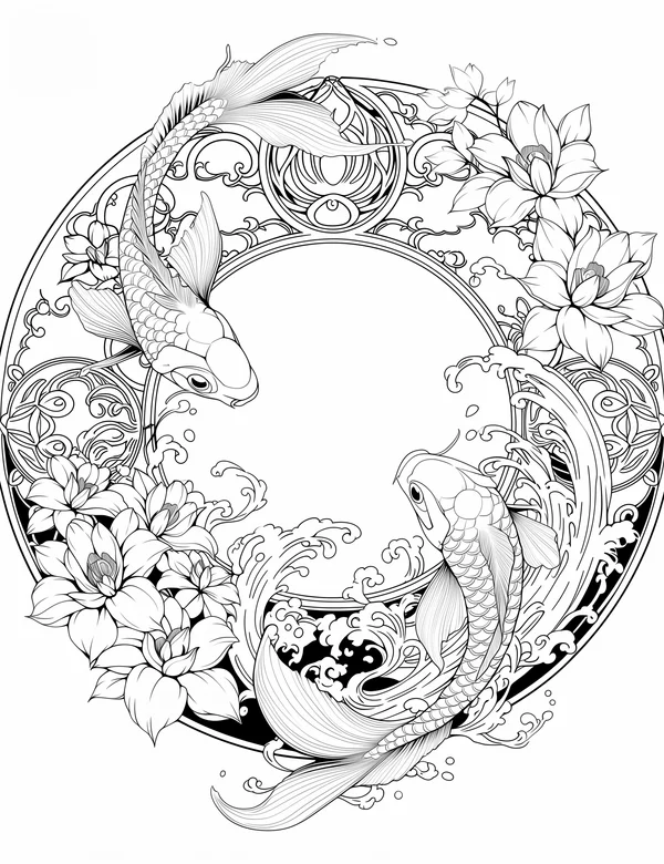 Koi fish coloring page with lotus flowers and flowing water inside a calm zen circle