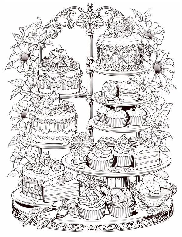 Lavish dessert tower coloring page with cakes, cupcakes, pastries, and flowers