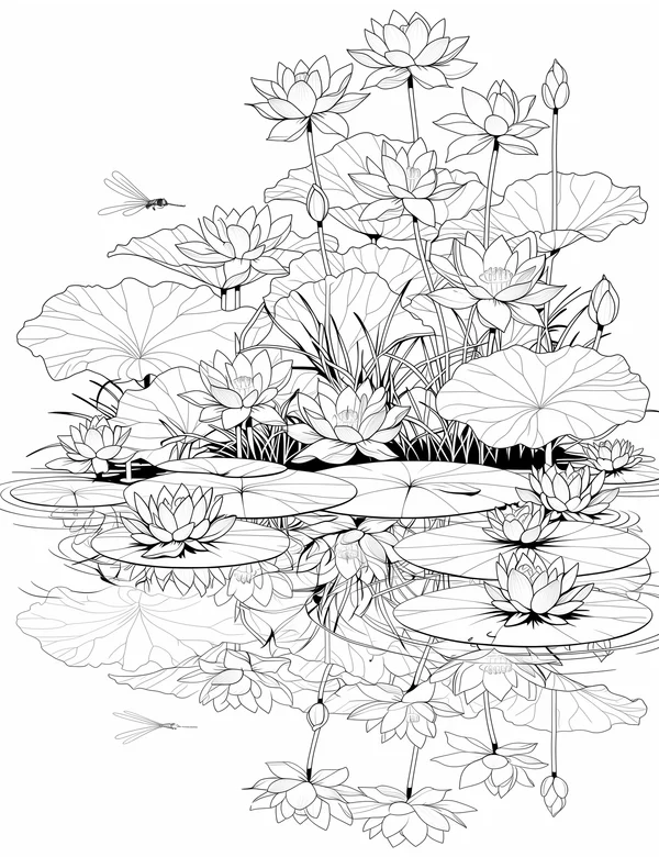 Lotus Pond Reflection coloring page with detailed line art for adults