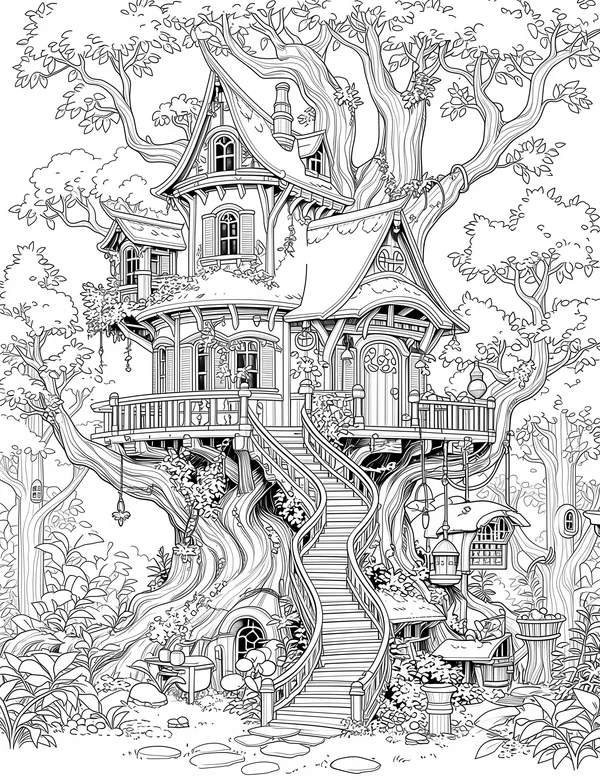 Magical Treehouse coloring page with detailed line art for adults