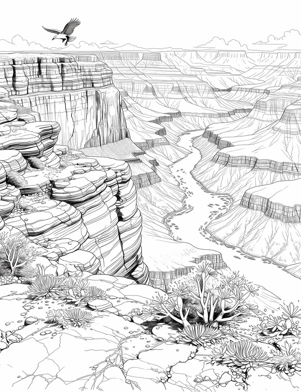 Grand canyon landscape with layered cliffs, winding river, and soaring bird