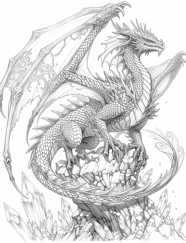 Majestic western dragon perched on crystal rocks with detailed scales