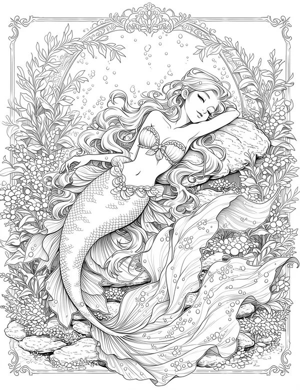 Mermaid Underwater Garden coloring page with detailed line art for adults