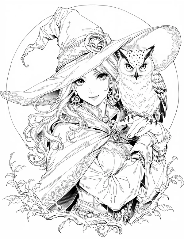 Moon Witch With Owl coloring page with detailed line art for adults