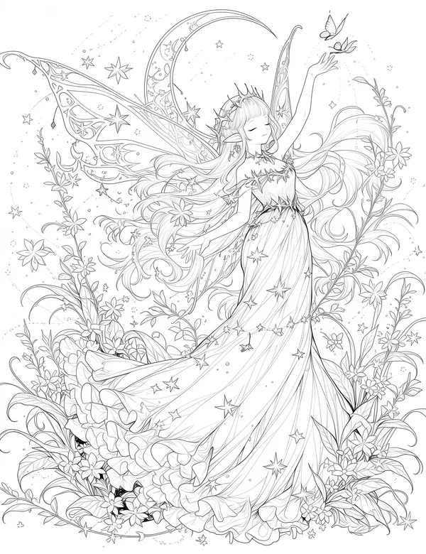 Moonlit fairy in flowing gown with stars, butterflies, and floral vines