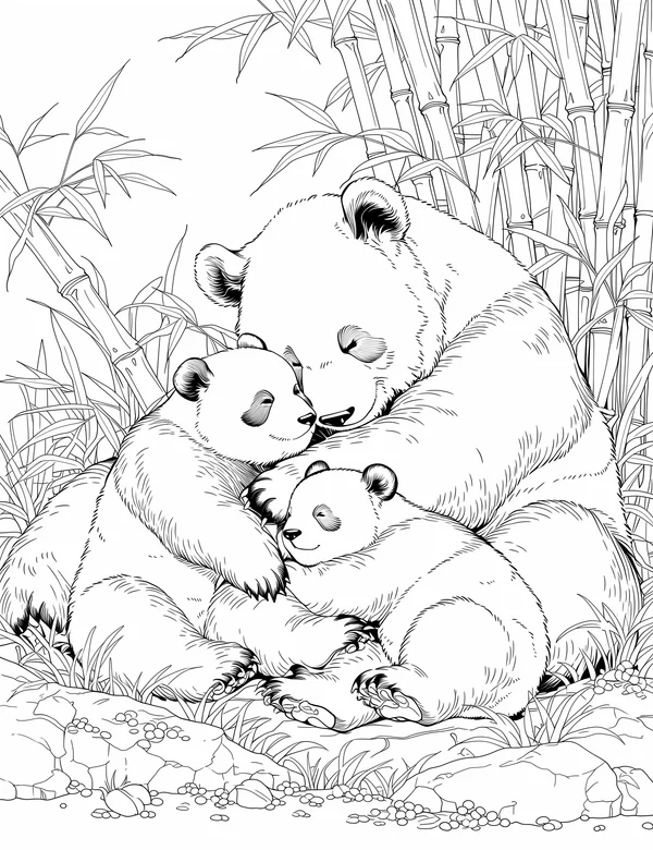 Panda With Bamboo coloring page with detailed line art for adults