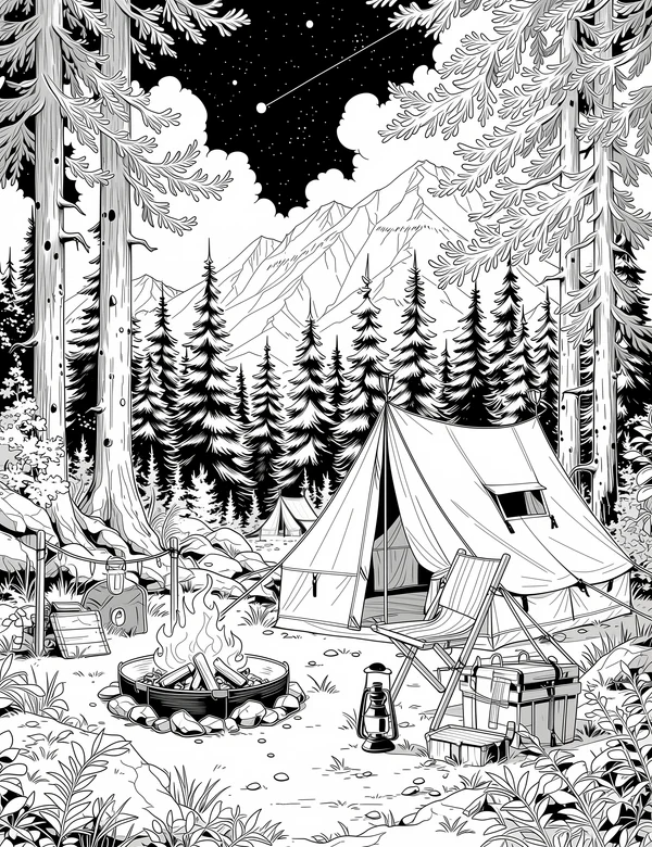 Peaceful camping night coloring page with tent, campfire, forest, and mountains