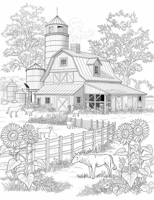 Peaceful farm coloring page with barn, fence, sunflowers, and grazing animals