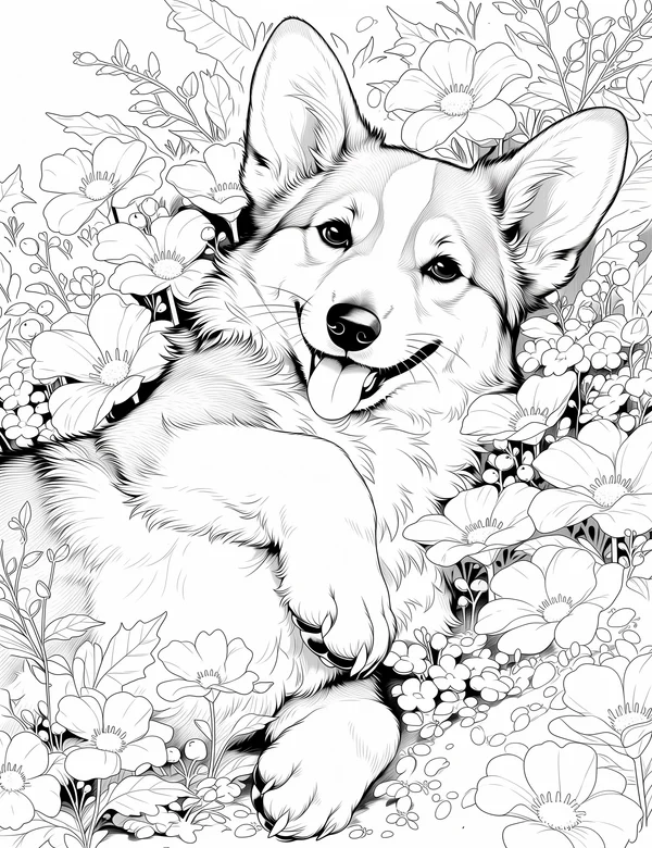 Playful corgi lying in flowers with happy face and fluffy paws