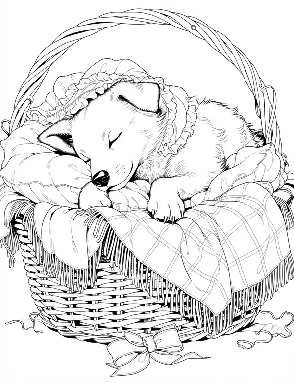 Puppy In Basket coloring page with detailed line art for adults